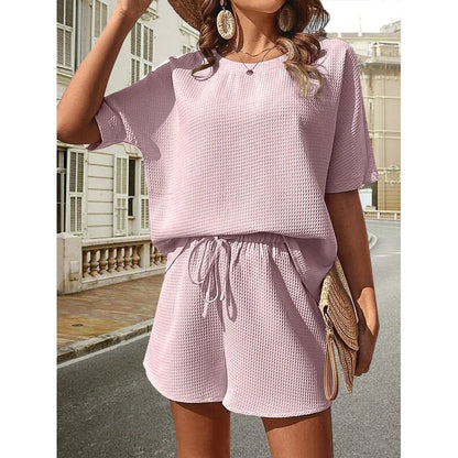 Solid Waffle Short Sleeve Bat T Shirt Shorts Set 2 Piece Sets Fashion Women Outfits Sportwear Conjuntos Casuales Gym Lady Suit