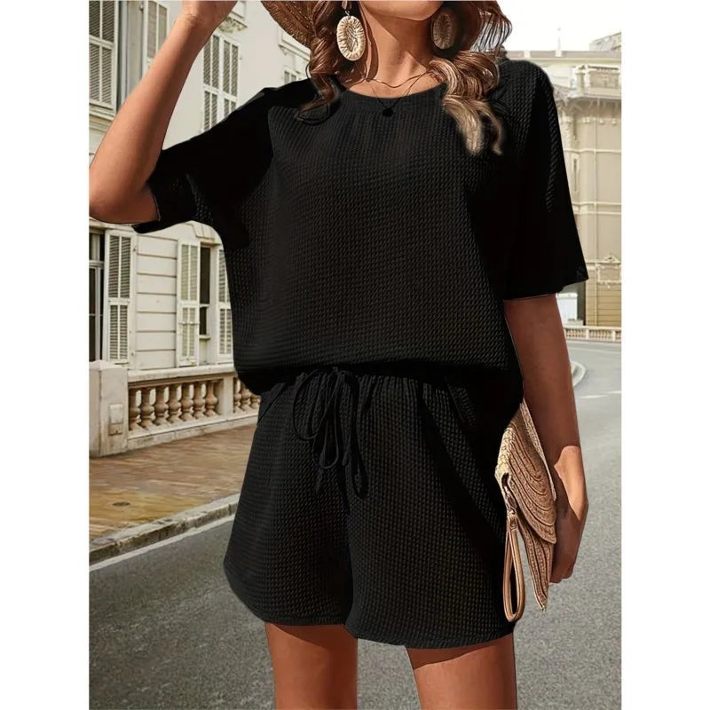 Solid Waffle Short Sleeve Bat T Shirt Shorts Set 2 Piece Sets Fashion Women Outfits Sportwear Conjuntos Casuales Gym Lady Suit