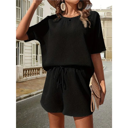 Solid Waffle Short Sleeve Bat T Shirt Shorts Set 2 Piece Sets Fashion Women Outfits Sportwear Conjuntos Casuales Gym Lady Suit