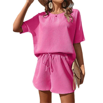 Solid Waffle Short Sleeve Bat T Shirt Shorts Set 2 Piece Sets Fashion Women Outfits Sportwear Conjuntos Casuales Gym Lady Suit