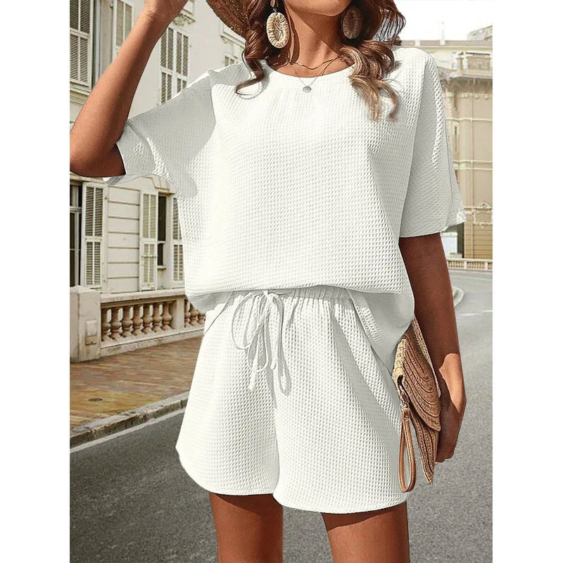Solid Waffle Short Sleeve Bat T Shirt Shorts Set 2 Piece Sets Fashion Women Outfits Sportwear Conjuntos Casuales Gym Lady Suit