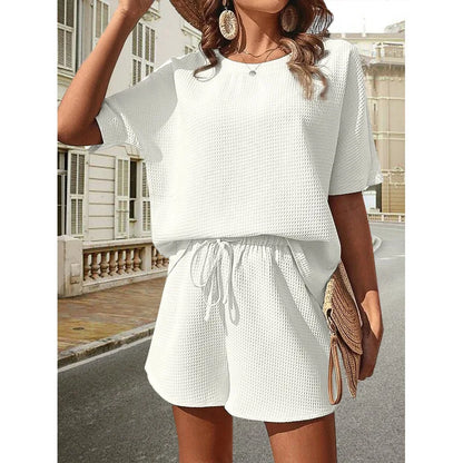 Solid Waffle Short Sleeve Bat T Shirt Shorts Set 2 Piece Sets Fashion Women Outfits Sportwear Conjuntos Casuales Gym Lady Suit