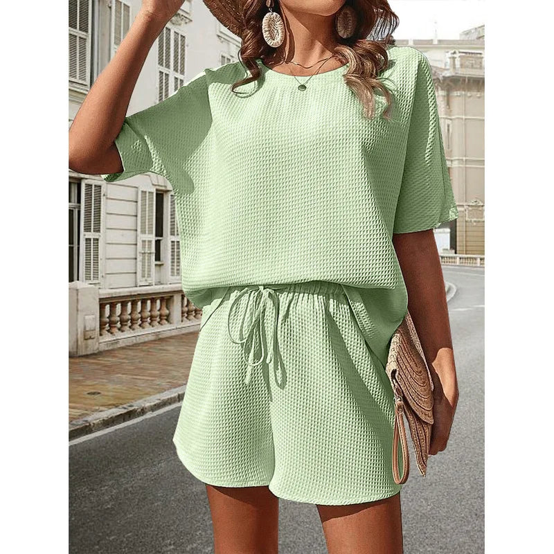 Solid Waffle Short Sleeve Bat T Shirt Shorts Set 2 Piece Sets Fashion Women Outfits Sportwear Conjuntos Casuales Gym Lady Suit